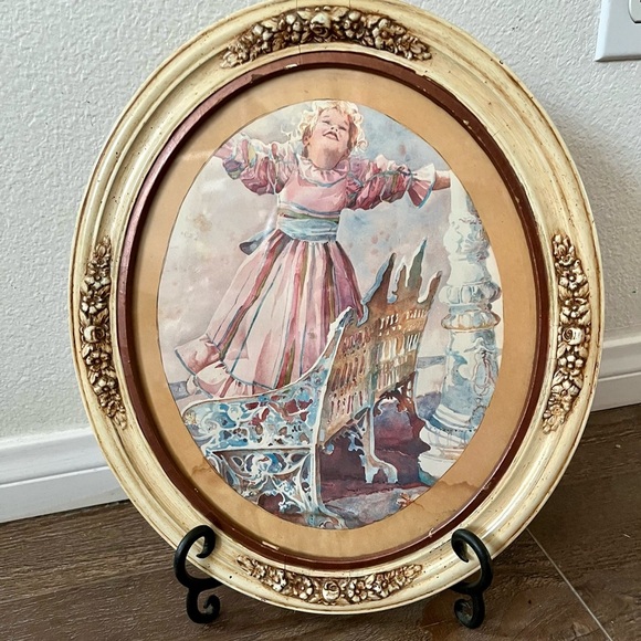 Oval Framed Artwork with Child and Cradle - Picture 1 of 10